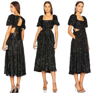 Elliatt Aubree Black Sequined Square Neck Knit Puffed Sleeve Cut Out Midi Dress